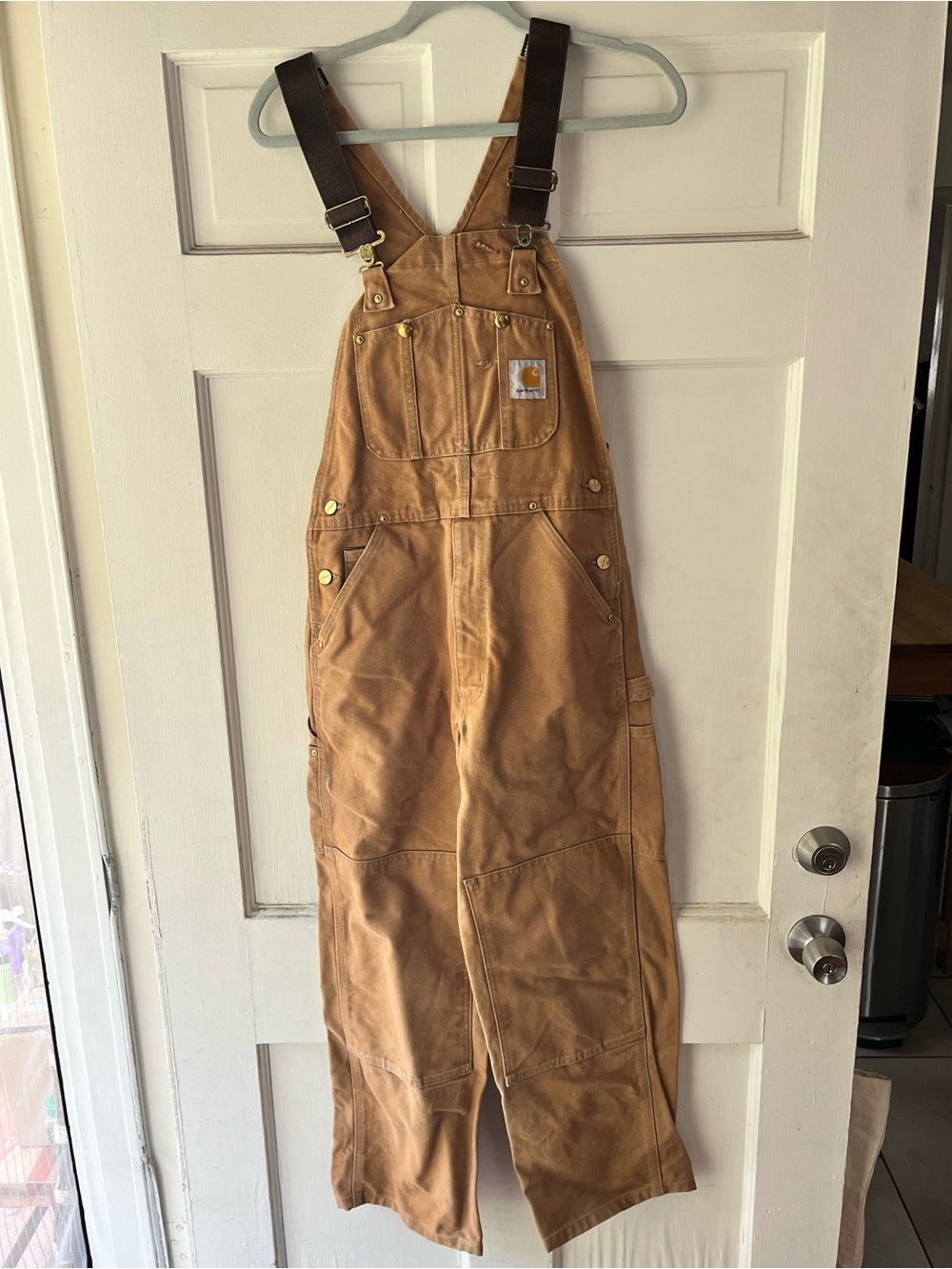 Carhartt Tan Canvas Bib Overalls with Adjustable Dark Brown Straps